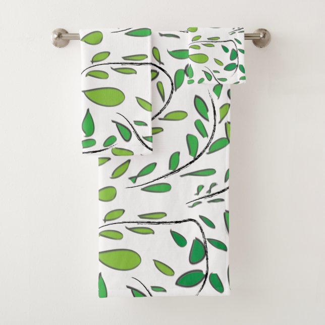 Watercolor Green Leaves Nature Pattern Bath Towel Set (Insitu)