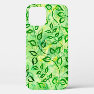 Watercolor green leaves on a yellow-green backgrou iPhone 12 case