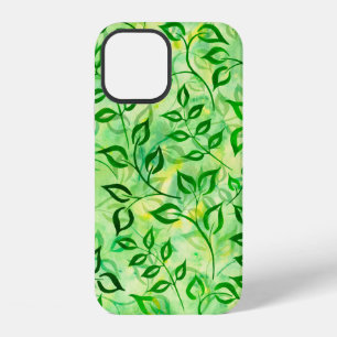 Watercolor green leaves on a yellow-green backgrou iPhone 12 case