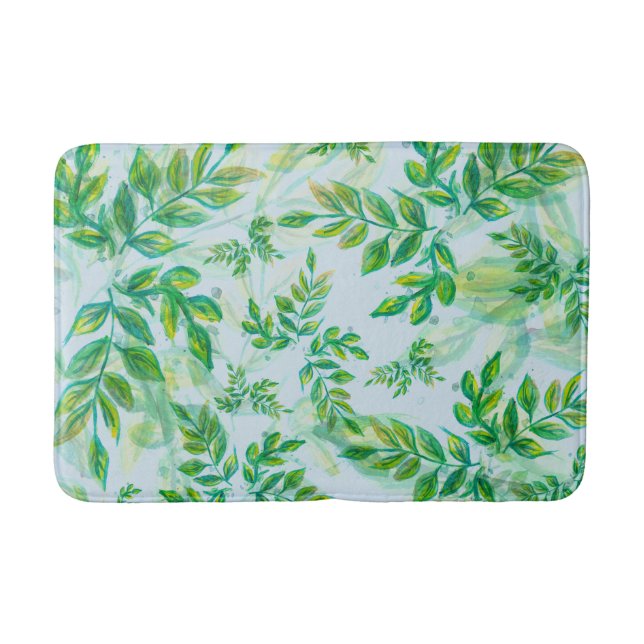 Watercolor Green Leaves on Water Bath Mat (Front)