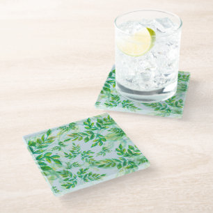 Watercolor Green Leaves on Water Glass Coaster