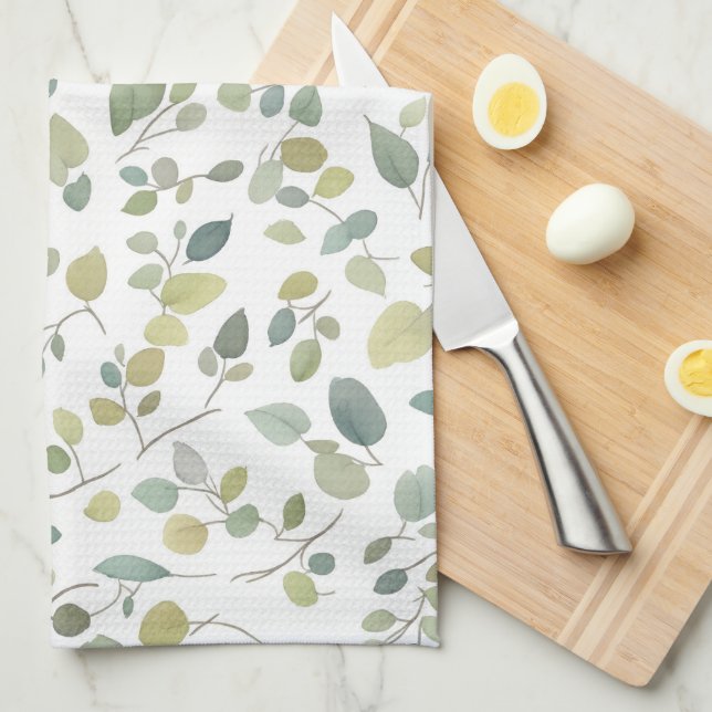 Watercolor Green Leaves Pattern Tea Towel (Quarter Fold)