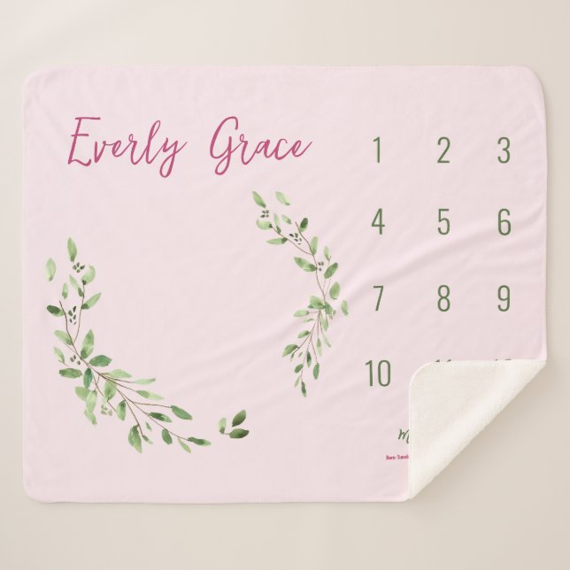 Watercolor Green Leaves Pink Baby girl milestone  Sherpa Blanket (Front (Horizontal))