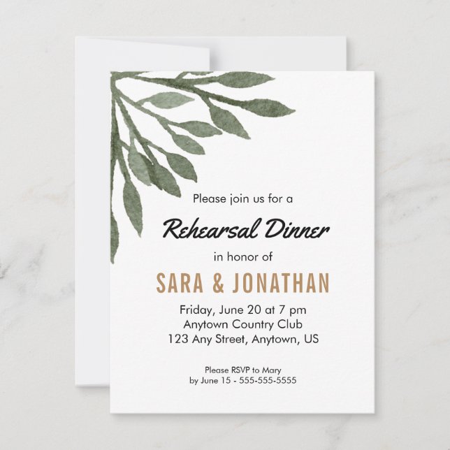 Watercolor Green Leaves Rehearsal Dinner Invitation (Front)