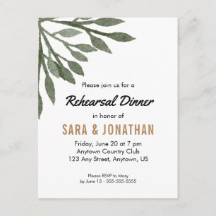Watercolor Green Leaves Rehearsal Dinner Invitation