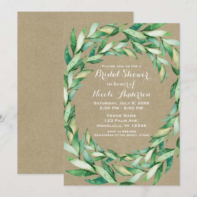 Watercolor Green Leaves Rustic Kraft Bridal Shower Invitation (Front/Back)