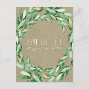 Watercolor Green Leaves Rustic Kraft Save the Date Announcement Postcard