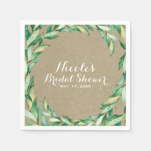 Watercolor Green Leaves Rustic Kraft Wedding Napkin