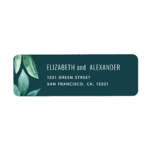 Watercolor green leaves. Teal wedding address