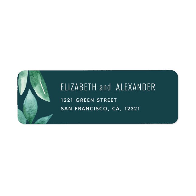 Watercolor green leaves. Teal wedding address (Front)