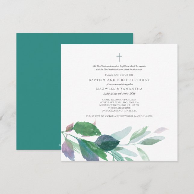 Watercolor Green Leaves Twins Baptism Invitation (Front/Back)
