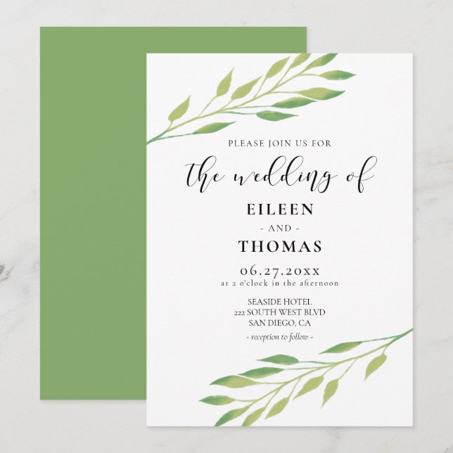 Watercolor green leaves wedding invitation (Front/Back)