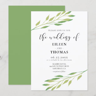 Watercolor green leaves wedding invitation