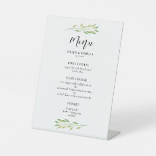 Watercolor green leaves wedding menu pedestal sign