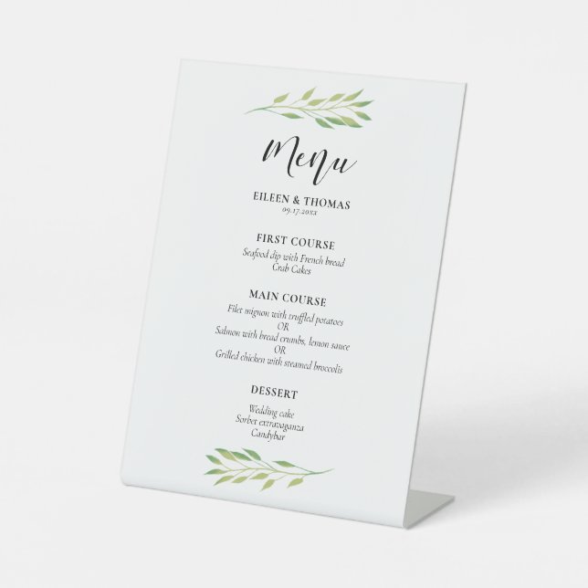 Watercolor green leaves wedding menu pedestal sign (Front)
