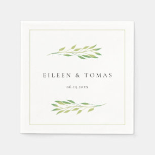 Watercolor green leaves wedding paper napkin