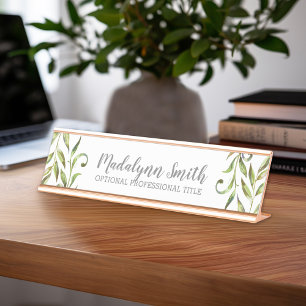 Watercolor Green Leaves with Script Name and Title Desk Name Plate