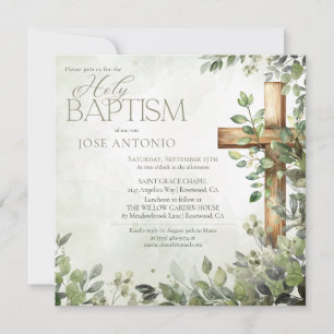 Watercolor green leaves wood cross modern baptism invitation