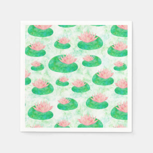 Watercolor Green Lily Pad Pink Lotus Floral Napkin