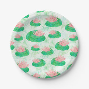 Watercolor Green Lily Pad Pink Lotus Floral Paper Plate