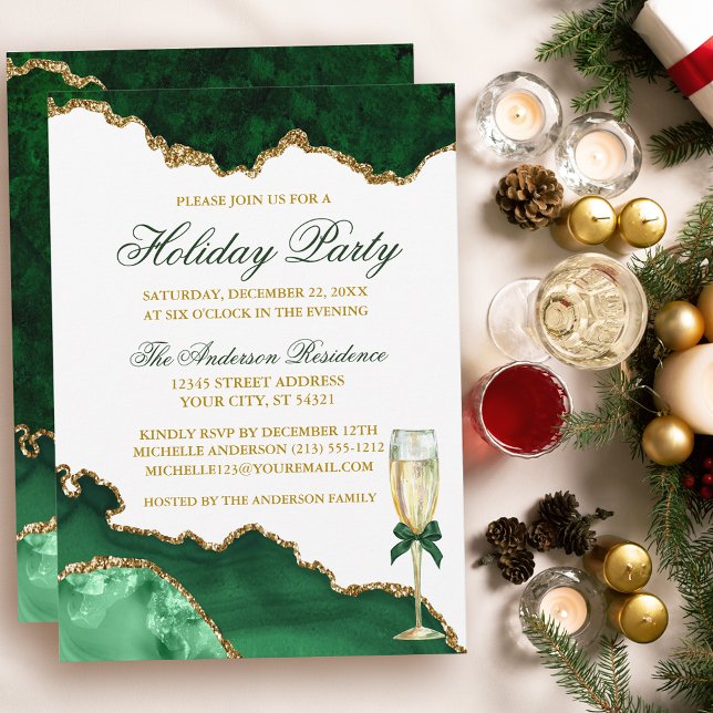 Watercolor Green Marble Gold Holiday Party Invitation (Customize to change text size or text style.)