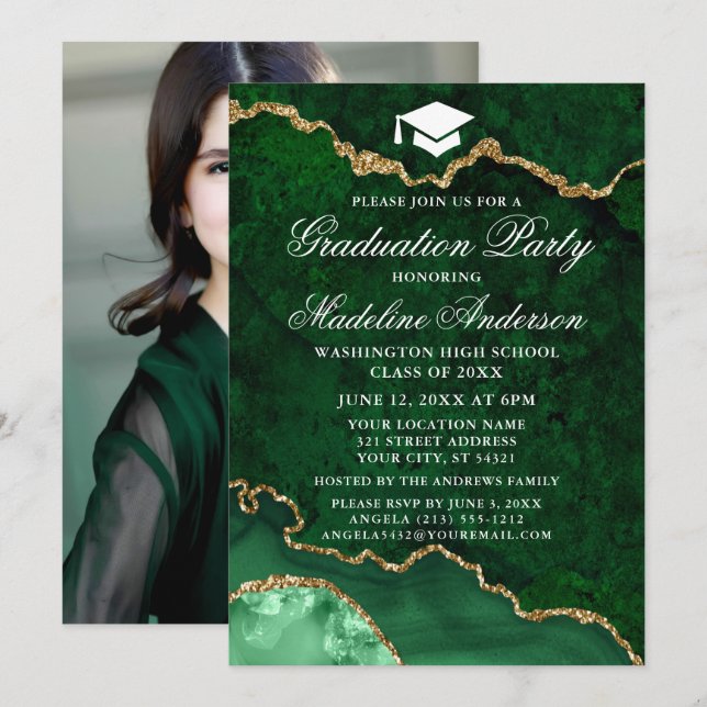 Watercolor Green Marble Graduation Party Photo Invitation (Front/Back)