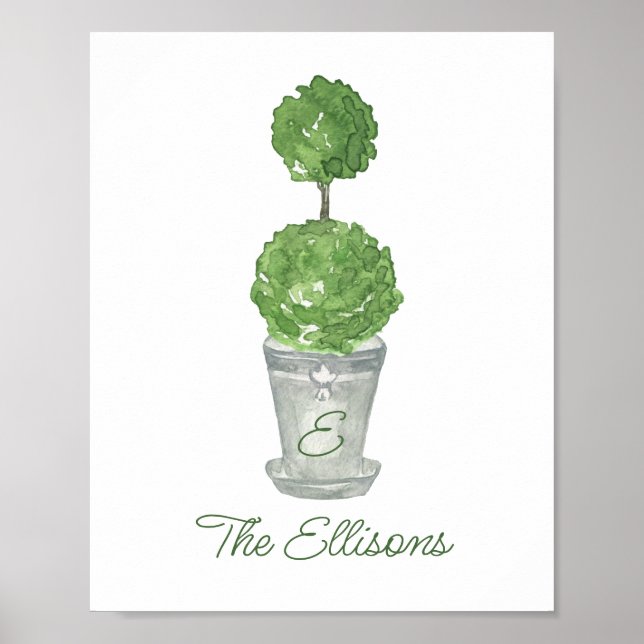 Watercolor Green Monogrammed Topiary Poster (Front)