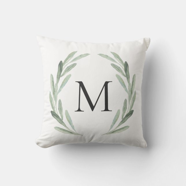Watercolor Green Olive Branch Wreath Monogram Cushion (Front)