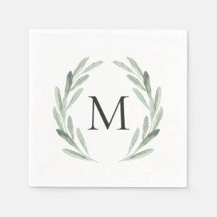 Watercolor Green Olive Branch Wreath Monogram Napkin