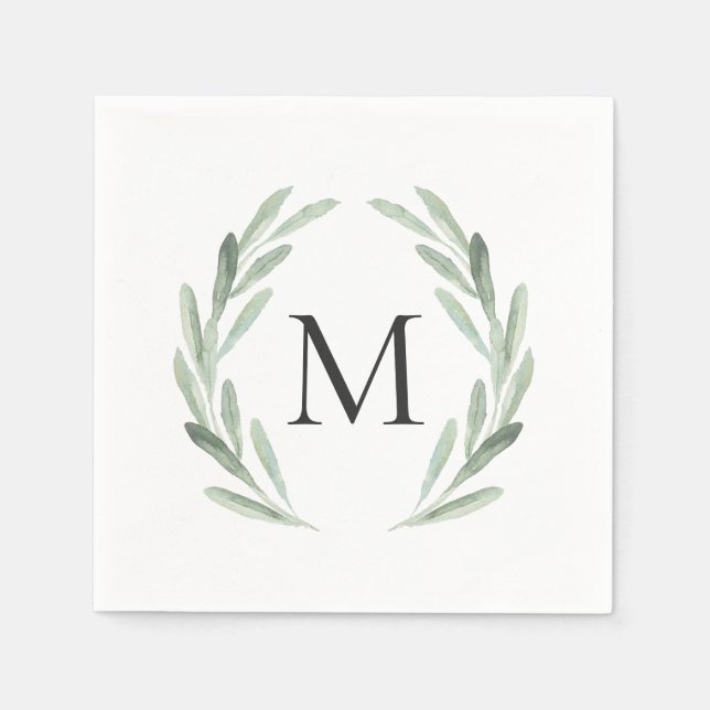 Watercolor Green Olive Branch Wreath Monogram Napkin (Front)