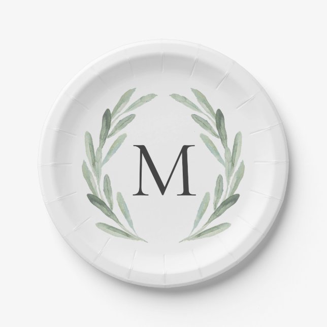Watercolor Green Olive Branch Wreath Monogram Paper Plate (Front)