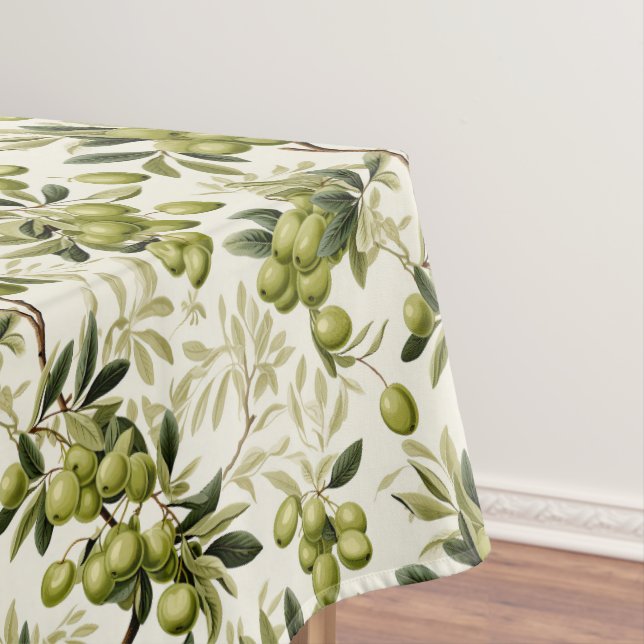 Watercolor Green Olive Pattern Mediterranean Tablecloth (In Situ)
