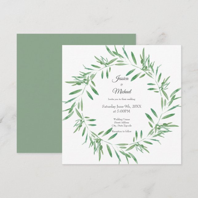 Watercolor Green Olive Wreath Invitation (Front/Back)