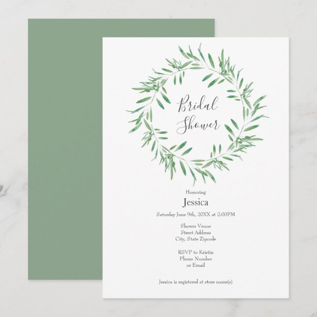 Watercolor Green Olive Wreath Invitation (Front/Back)