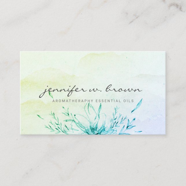 Watercolor Green Ombre Floral Feminine Simple Business Card (Front)