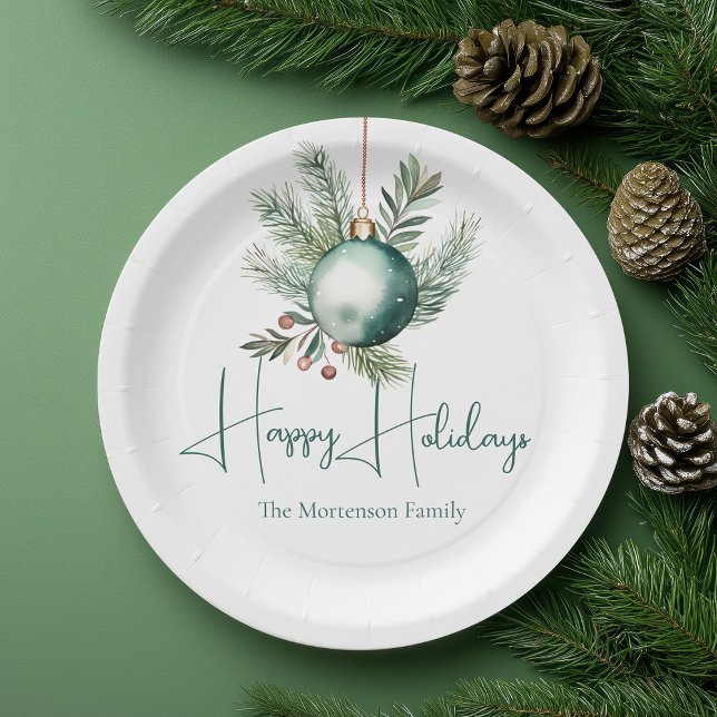 Watercolor Green Ornament Trendy Holiday Party Paper Plate (Creator Uploaded)