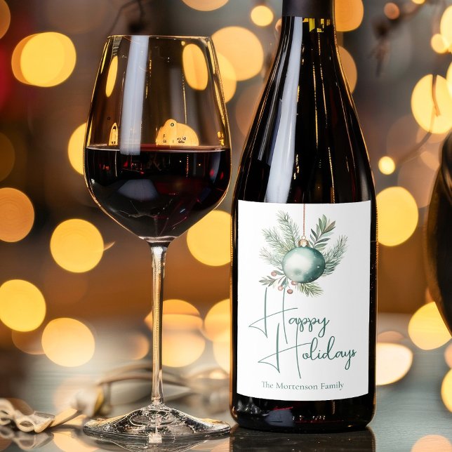 Watercolor Green Ornament Trendy Holiday Party Wine Label (Creator Uploaded)