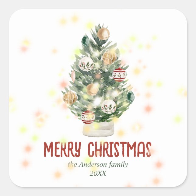 Watercolor Green Ornaments Tree Merry Christmas Square Sticker (Front)