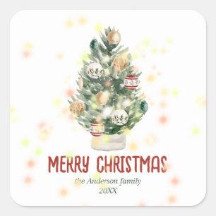 Watercolor Green Ornaments Tree Merry Christmas Square Sticker