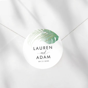 Watercolor Green Palm Leaf Wedding Favor  Classic Round Sticker