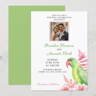 Watercolor Green Parrot Floral Photo Wedding Invitation