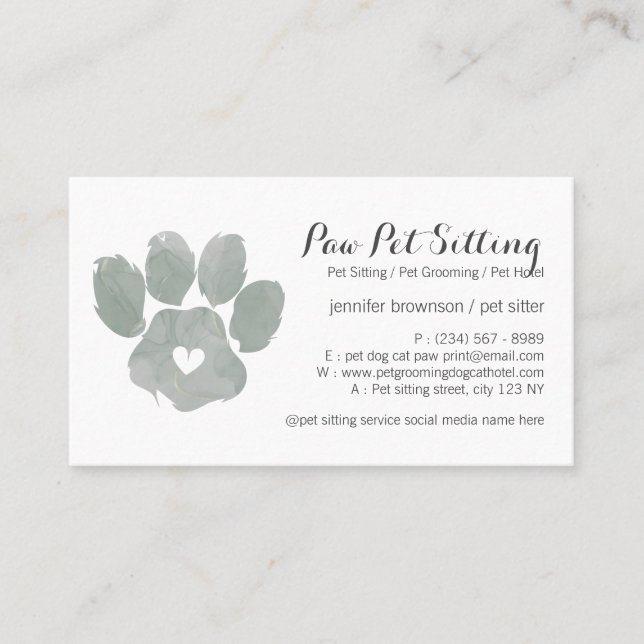 Watercolor GREEN Pet Sitter Grooming Paw Business Card (Front)