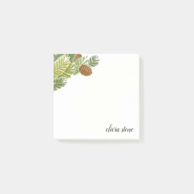 Watercolor Green Pine Branch Cones Post-it Notes (Front)