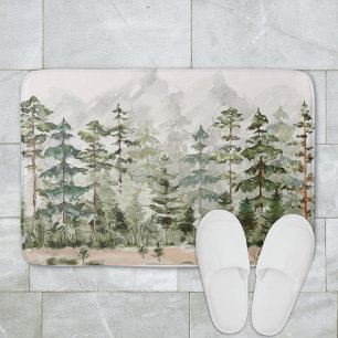 Watercolor Green Pine Forest on Mountain Bath Mat