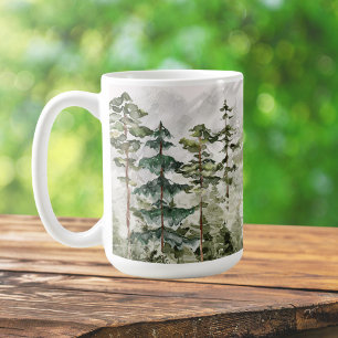 Watercolor Green Pine Forest on Mountain Coffee Mug