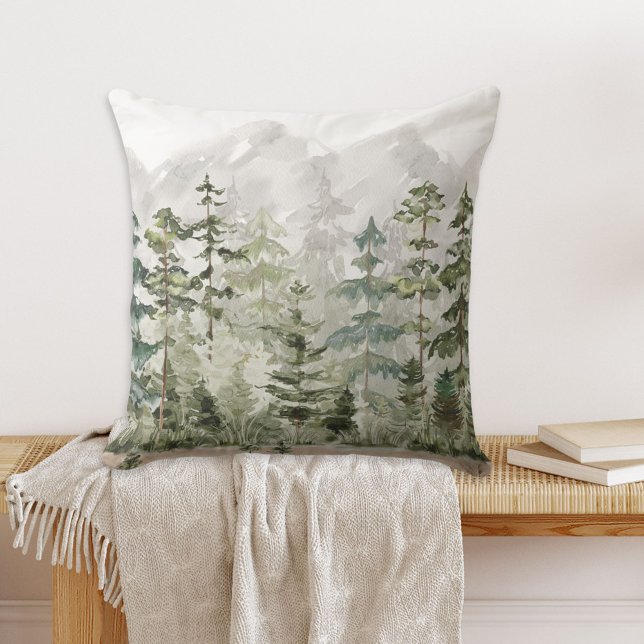 Watercolor Green Pine Forest on Mountain Cushion (In situ)