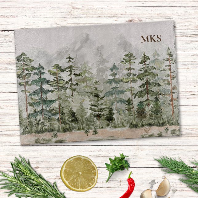 Watercolor Green Pine Forest on Mountain Cutting Board (In situ )