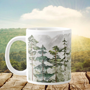 Watercolor Green Pine Forest on Mountain Large Coffee Mug