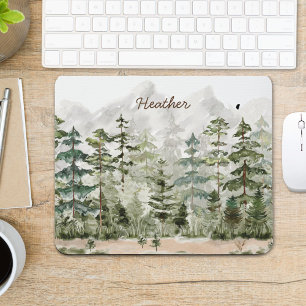 Watercolor Green Pine Forest on Mountain Mouse Mat