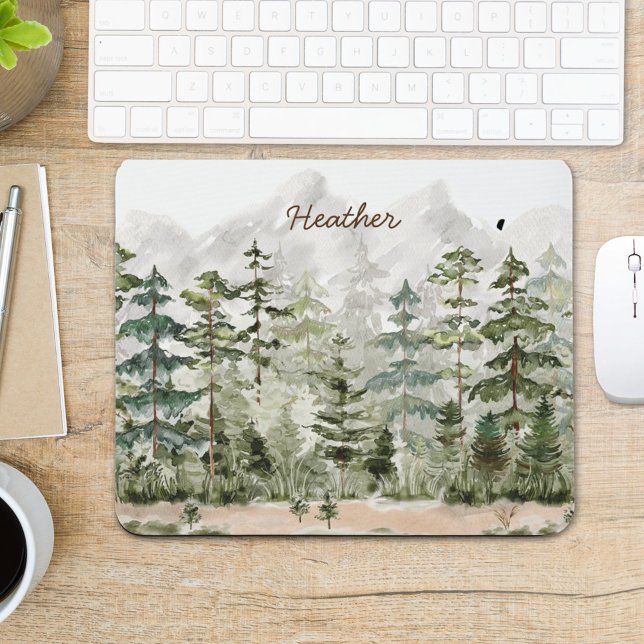 Watercolor Green Pine Forest on Mountain Mouse Mat (In situ office desk)
